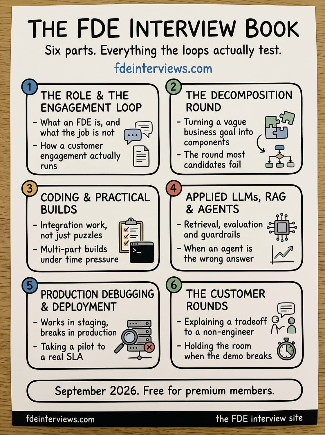 Infographic outlining the six parts of the Forward Deployed Engineer interview book: the role and the engagement loop, the decomposition round, coding and practical builds, applied LLMs and agents, production debugging and deployment, and the customer rounds. Free for premium members, November 2026.